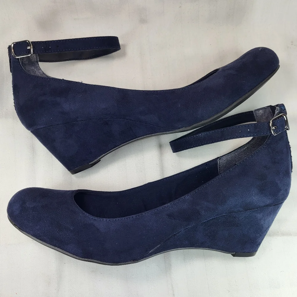 It's Ok Amal Blue SHOES Womens Size 11 Wedge Heels Strapped Ankle Zip Closed Toe
